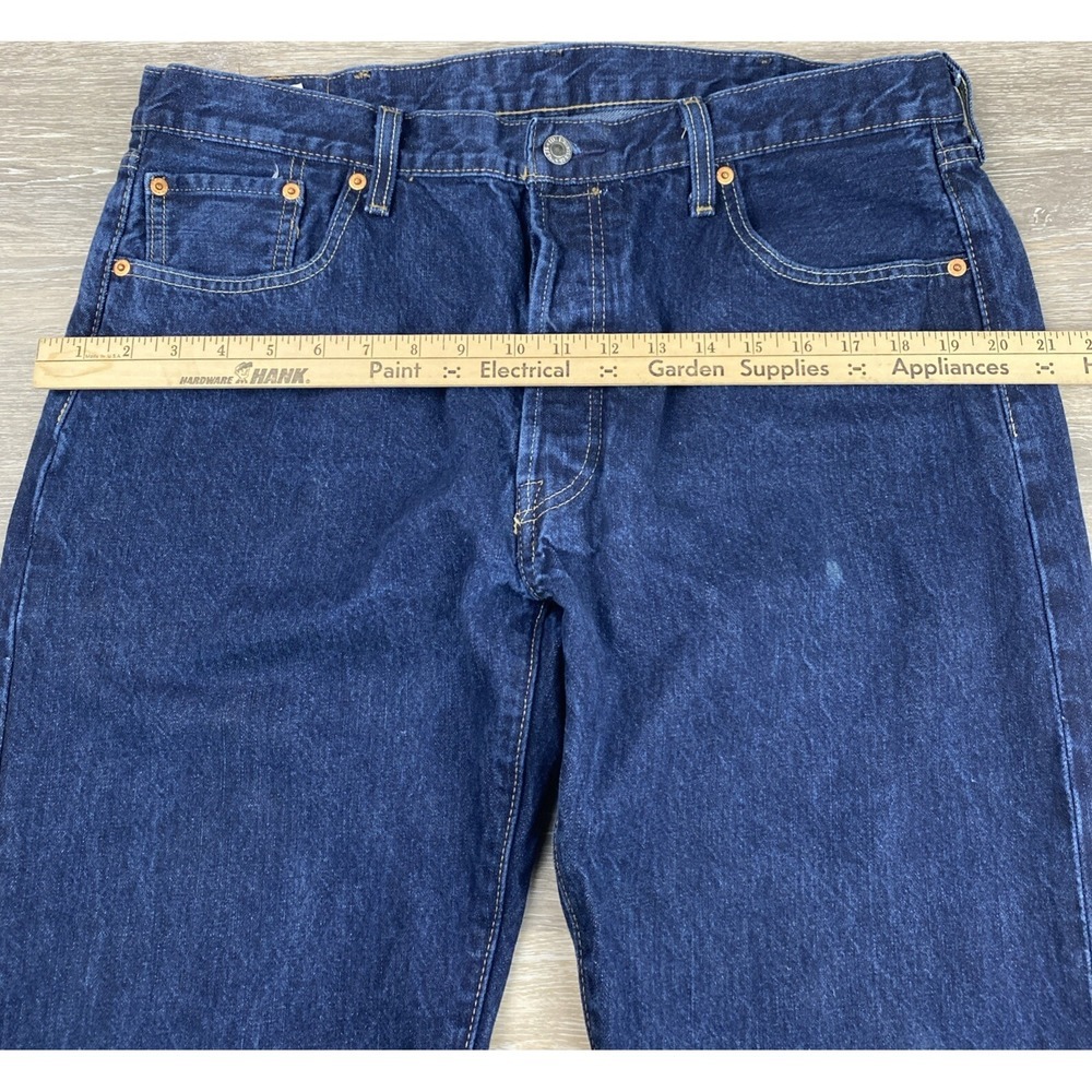 Levi's 501 Straight Leg Jeans Mens Size 38X34 Blue Denim Dark Wash Leather Patch - Picture 5 of 16